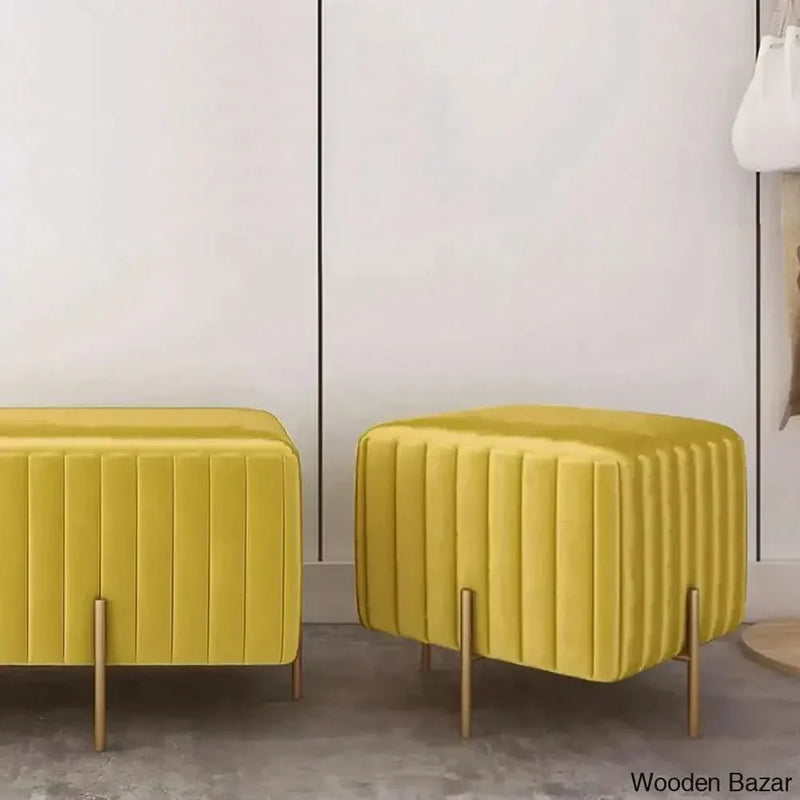 Contemporary Square Pouf Ottoman Upholstered Velvet Ottoman Footrest in Yellow