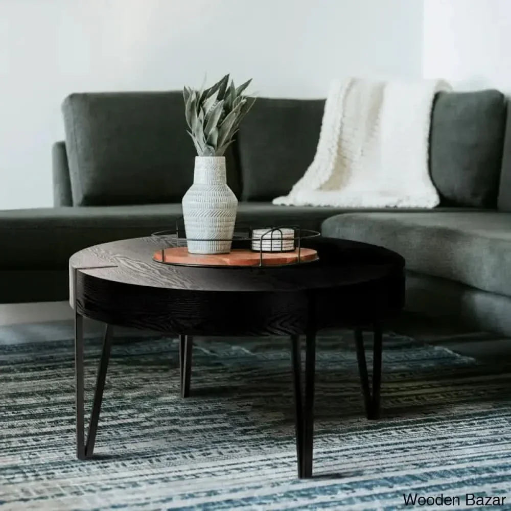 Corvallise Round Wood Side Coffee Table With Metal Hairpin Legs And Center Table Black