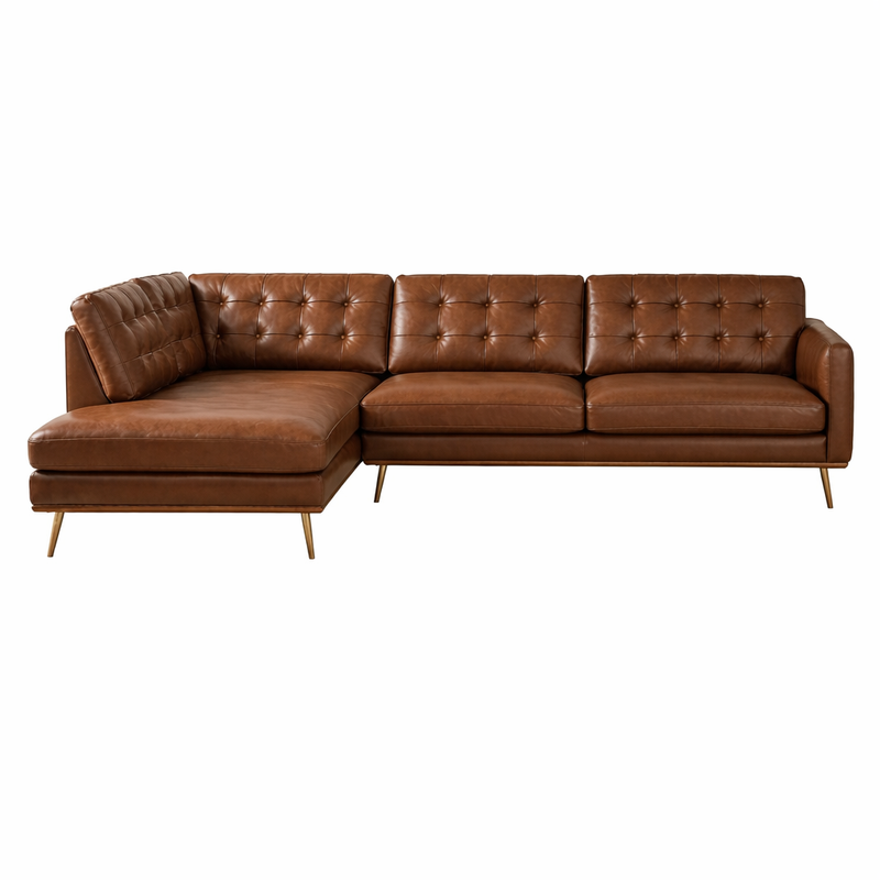 Lasha Leather Tan Chaise Sectional Sofa