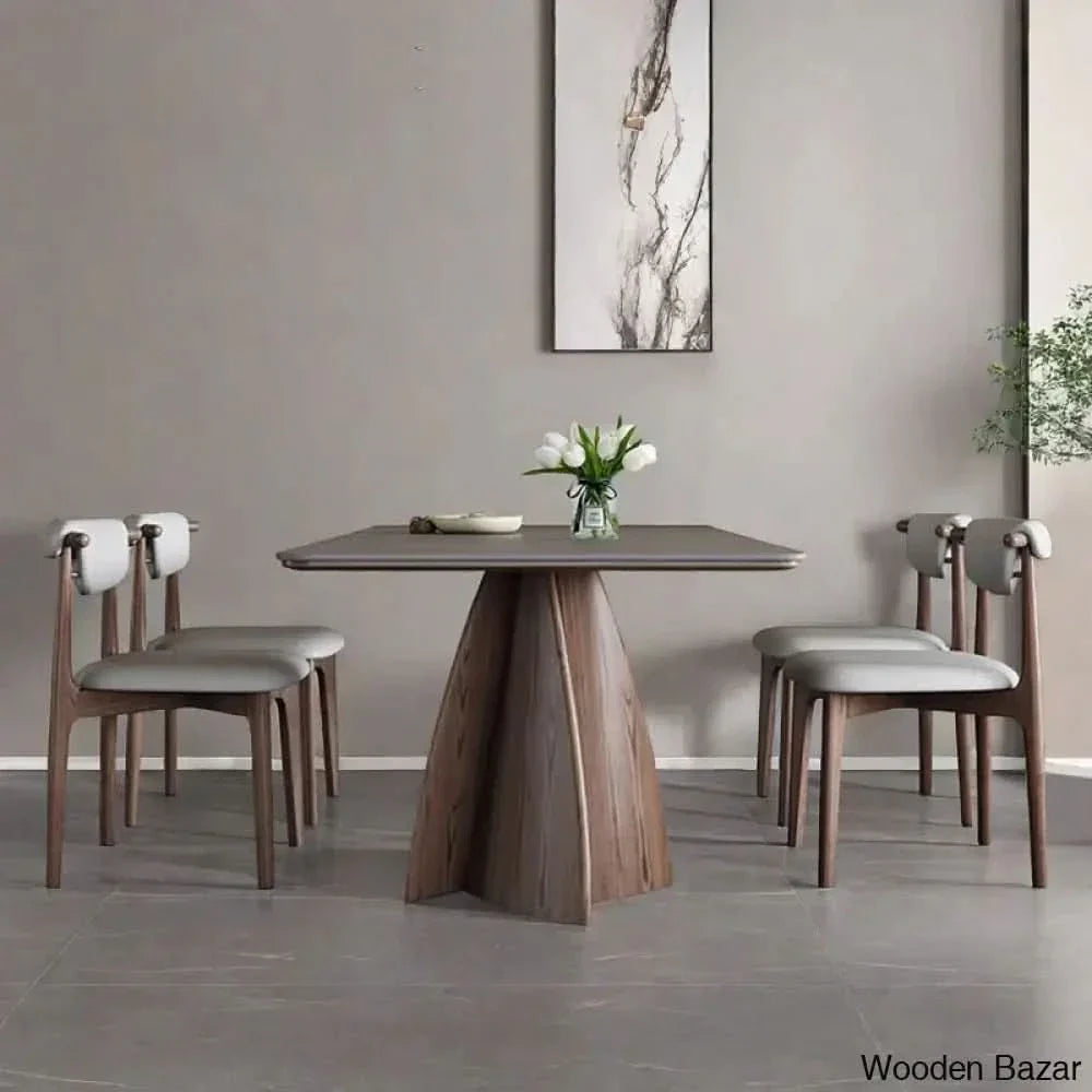 Daelen 6 Seater Stone Top Pedestal Dining Set - Wooden Empiro 29.5’’H X 63’’L 31.5’’W / 4 Seater