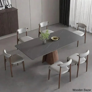 Daelen 6 Seater Stone Top Pedestal Dining Set - Wooden Empiro 29.5’’H X 63’’L 31.5’’W /