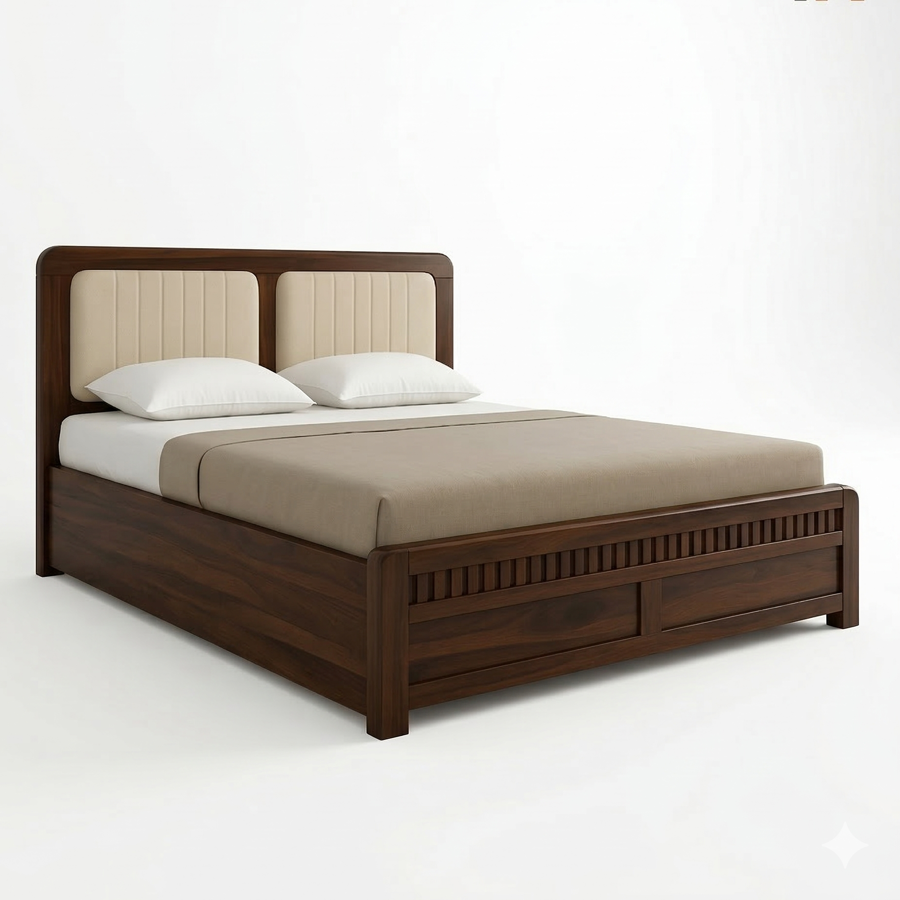 Wooden bed with beige and white bedding on a white background