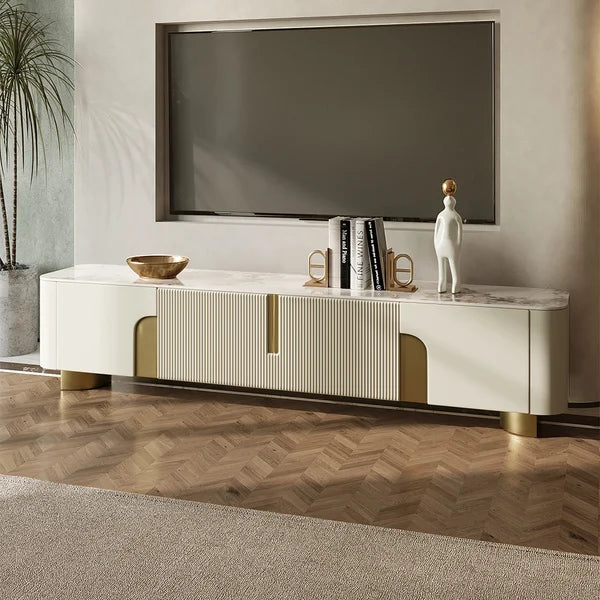 Urbana Modern TV Stand With Marble Top 4 Doors with Storage