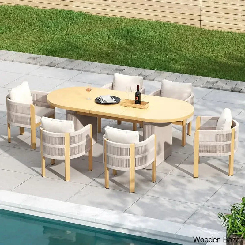 Delsie 6 Seater Aluminium Outdoor Dining Table Set With extendable Table And Wooven Arm Chair