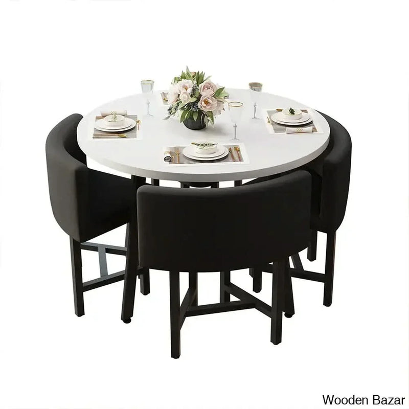 Devon Cozy 40" Round Wooden Dining Table Set with Blue Upholstered Chairs