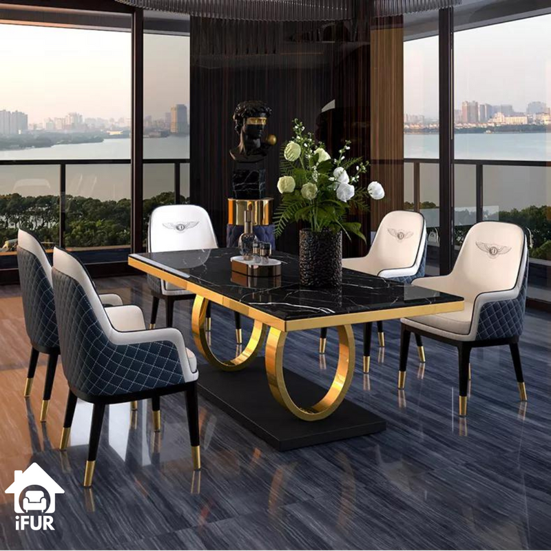 Orion Modern Luxury Dining Table featuring Natural Marble Top and Metal Frame Part Payment