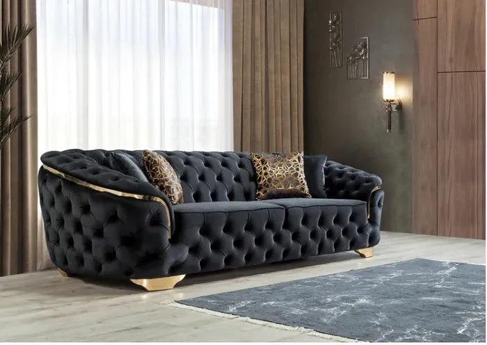 Serenzo Luxury Upholstered Bed + Indoor Velvet Chesterfield Lounge Sofa