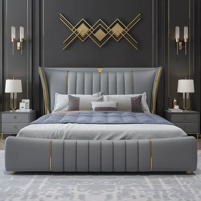 Serenzo Luxury Upholstered Bed + Indoor Velvet Chesterfield Lounge Sofa
