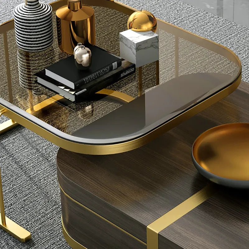 Beats Modern Nesting Coffee Table with Hidden Storage Tempered Glass Top Walnut & Gold