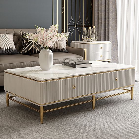 Onyx Luxury White Rectangle Coffee Table With Marble Top