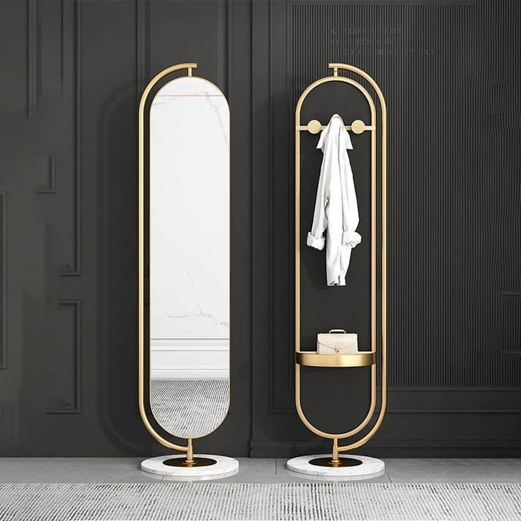 Oval Decorative Metal Rotatable Full Length Standing Floor Mirror With Marble Base