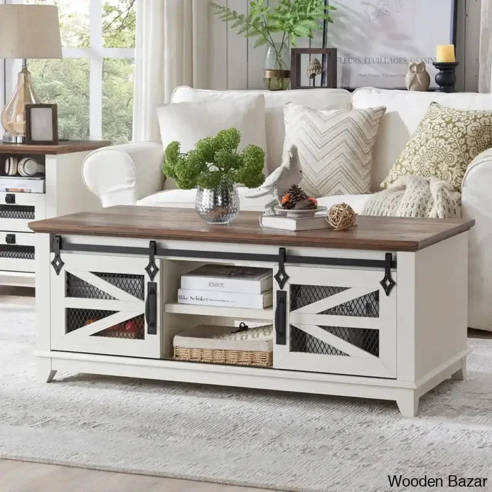 Emryis 48’’ Farmhouse Coffee And Center Table With Storage Sliding Barn Doors For Living
