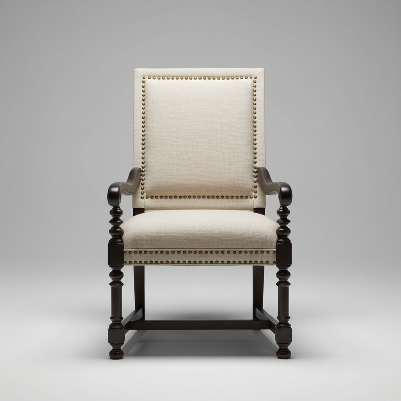 Nailhead Armchair – Carved Wood Dining Chair