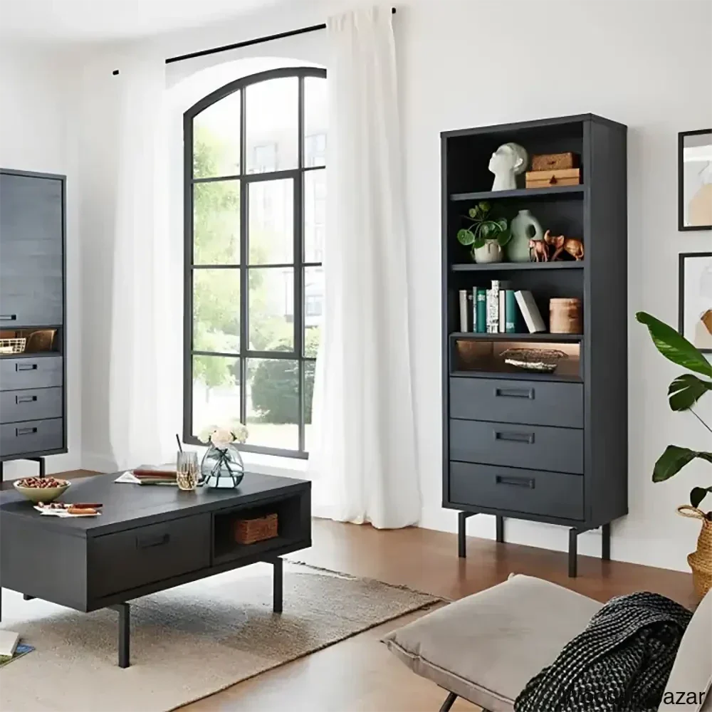 Ferw Inspired Living Black Finish Bookshelf And Coffee Table - Wooden Empiro Coffee Table + Books