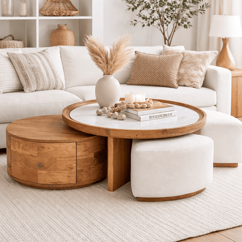 Cara Nesting Storage Solid Wood Centre Table with Seating