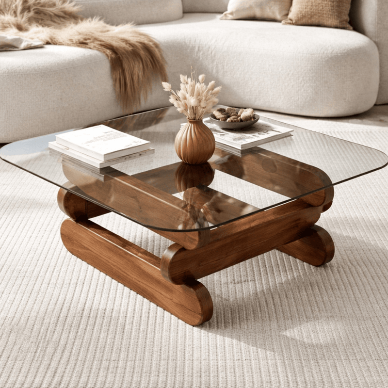 Kaira Glass Top Solid Wood Center Table