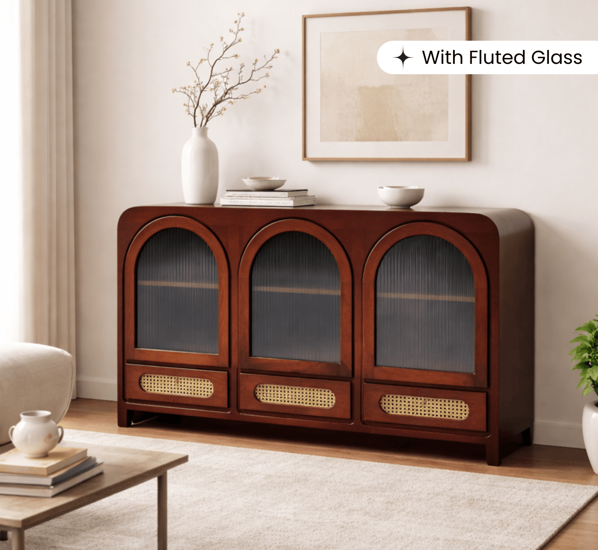 Vyut Wooden 54" Crockery Cabinet - Credenza Hutches - Gharaana