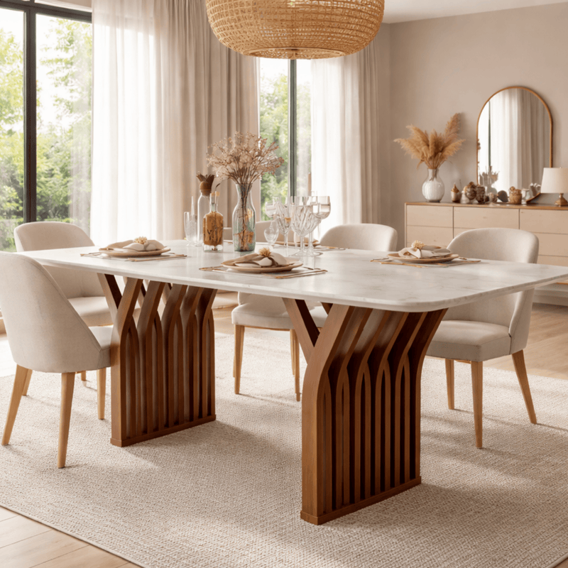 Verona Marble-Top Wooden Dining Table Set