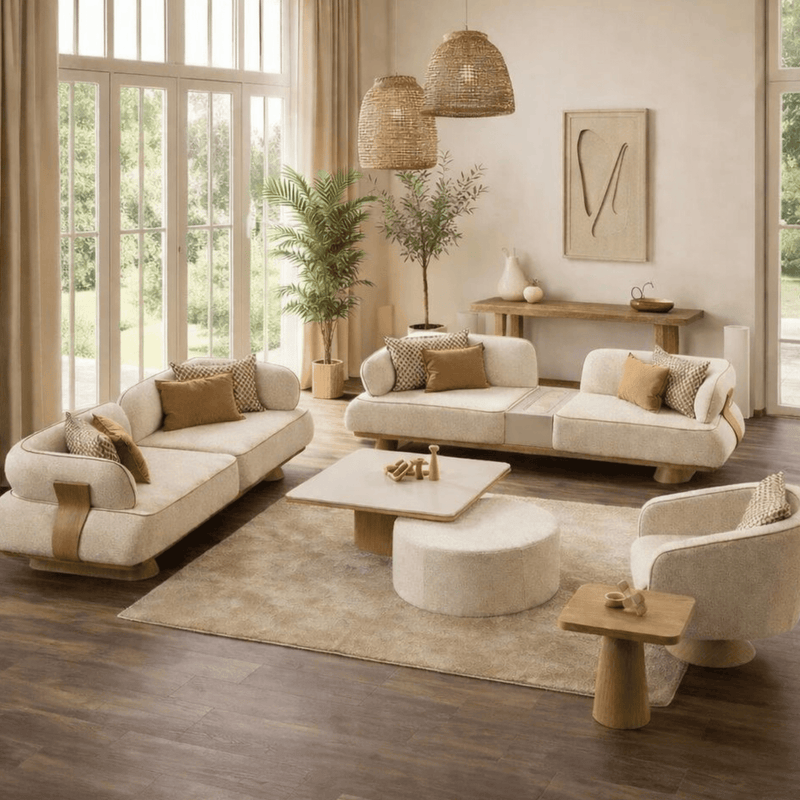 Crest Plush Wooden Upholstered Sofa Set