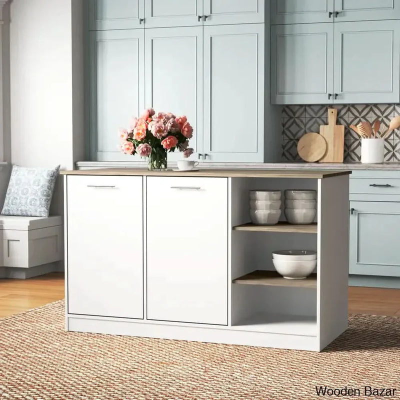 Ginger 59-inch Wide Kitchen Island with 3 Open Shelves and 2 Cabinets, White / Dark Brown Kitchen trolley cart cabinet kitchen island with storage