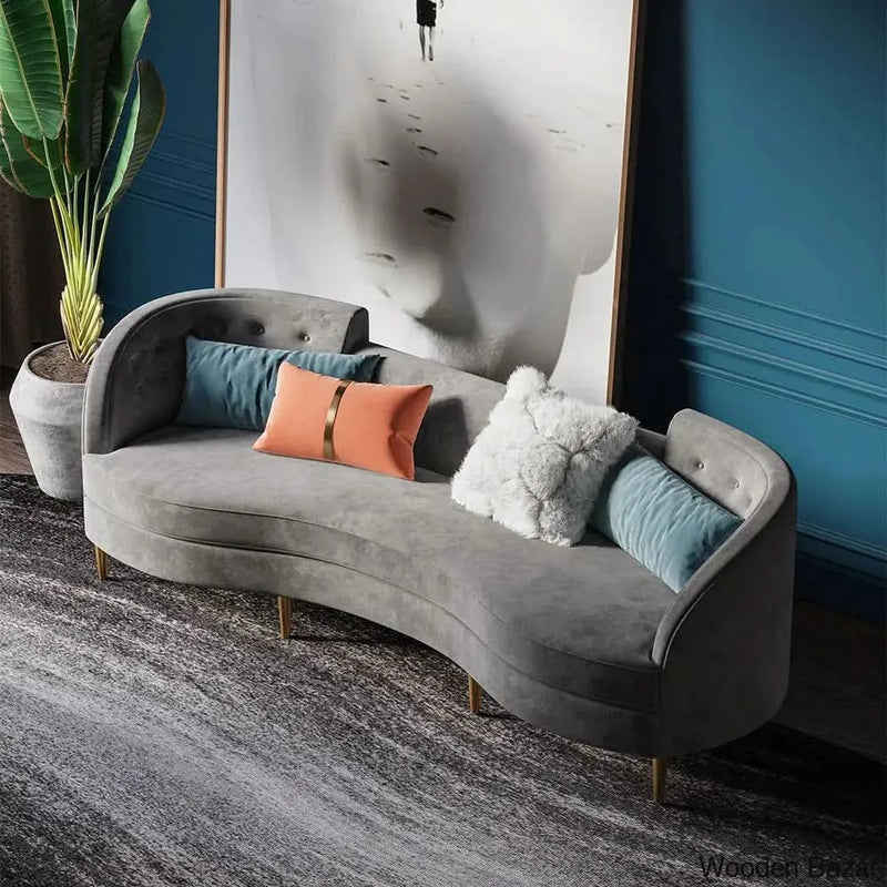 Gray Velvet  4-Seater Sofa with Gold Legs & Solid Wood Frame