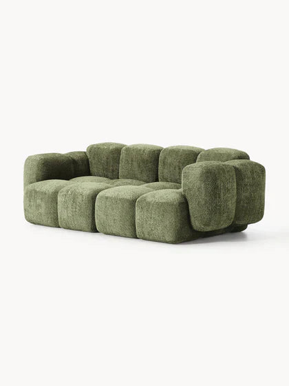 The Olivea Sofa — Curved Two-Seater, Dark Green Bouclé Upholstery