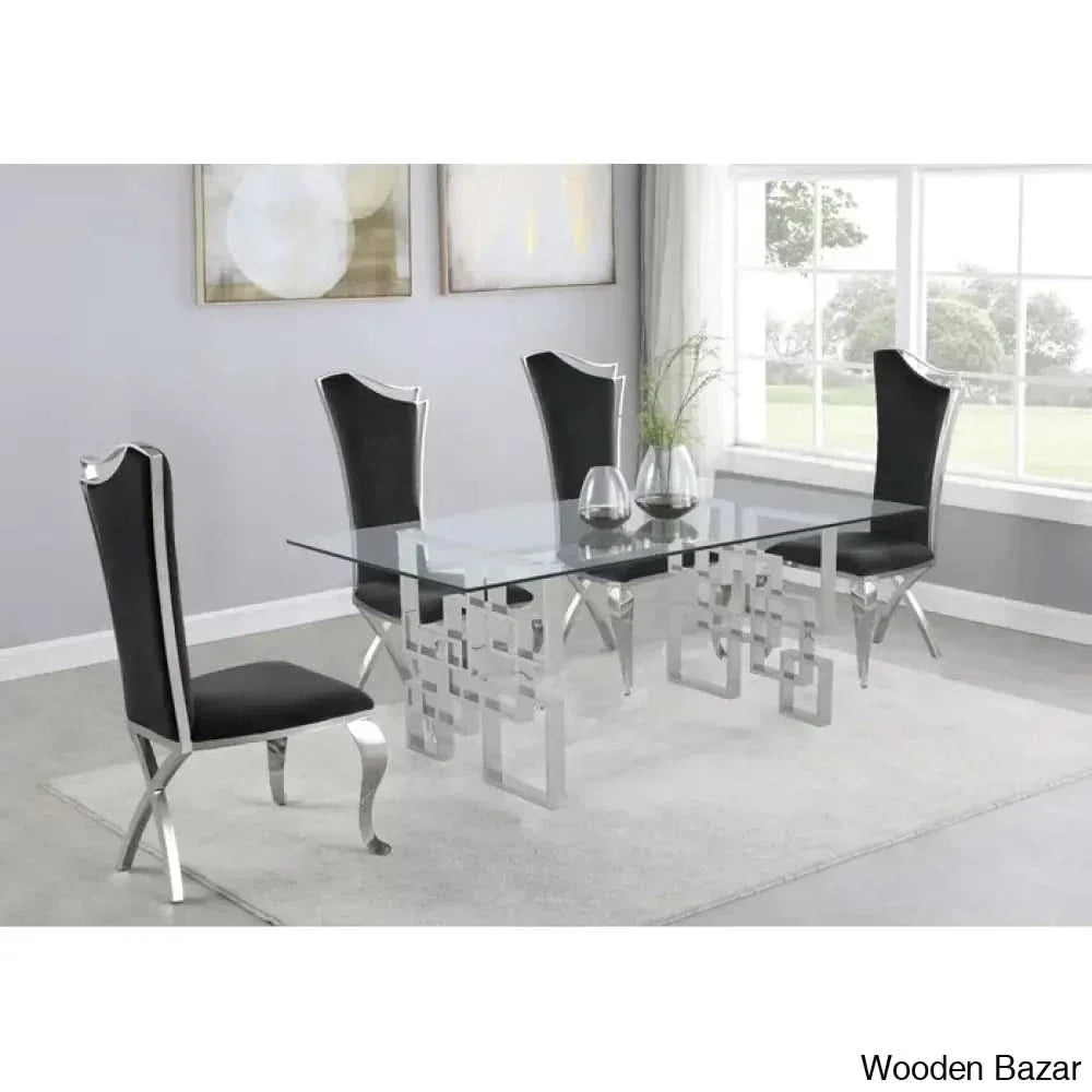 Harrisonn 4 Seater Luxury Glass Top Double Pedestal Dining Set Black
