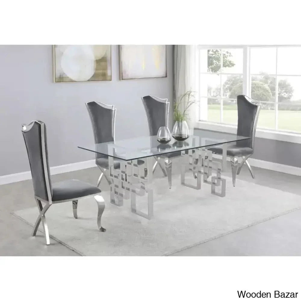 Harrisonn 4 Seater Luxury Glass Top Double Pedestal Dining Set Gray