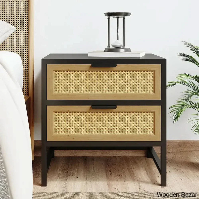 Industrial Wood Bedside table Nightstand Rattan Woven  Nightstand with 2 Drawers Storage for Bedroom