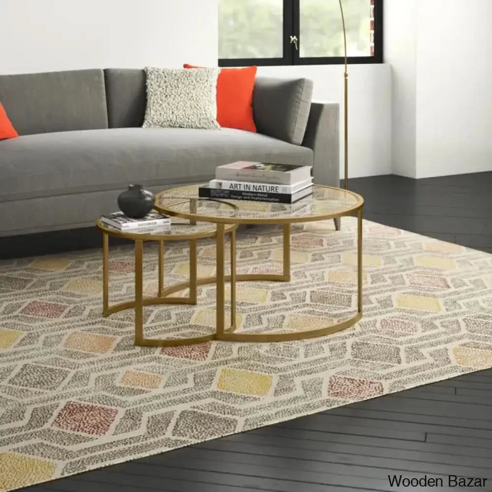 Ivaleye 36’’ Glass And Steel Round Nested Coffee And Center Tables Brass