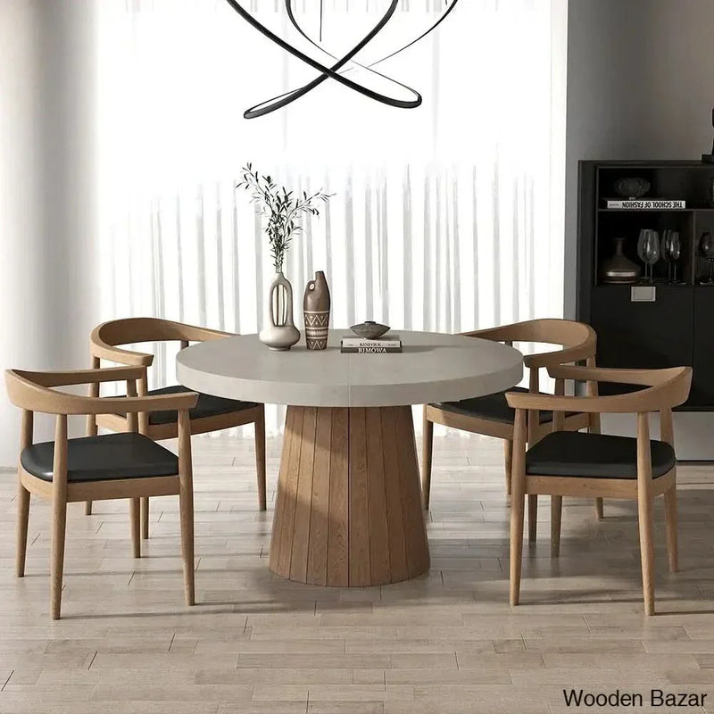 Japandi Dining Set with Walnut Wood Armchairs with 1 Table and 4 Chairs