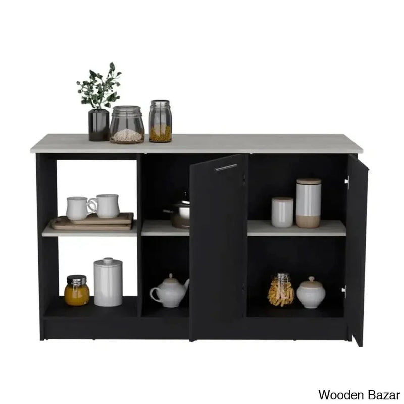 Juniper 59-inch Wide Kitchen Island with 2 Open Shelves and 2 Cabinets Kitchen trolley cart cabinet kitchen island with storage