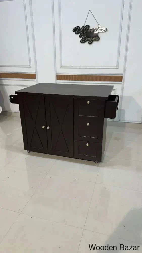 Kitchen Cabinet With Ultimate Storage Capacity And Teak Wood Top Dark Brown