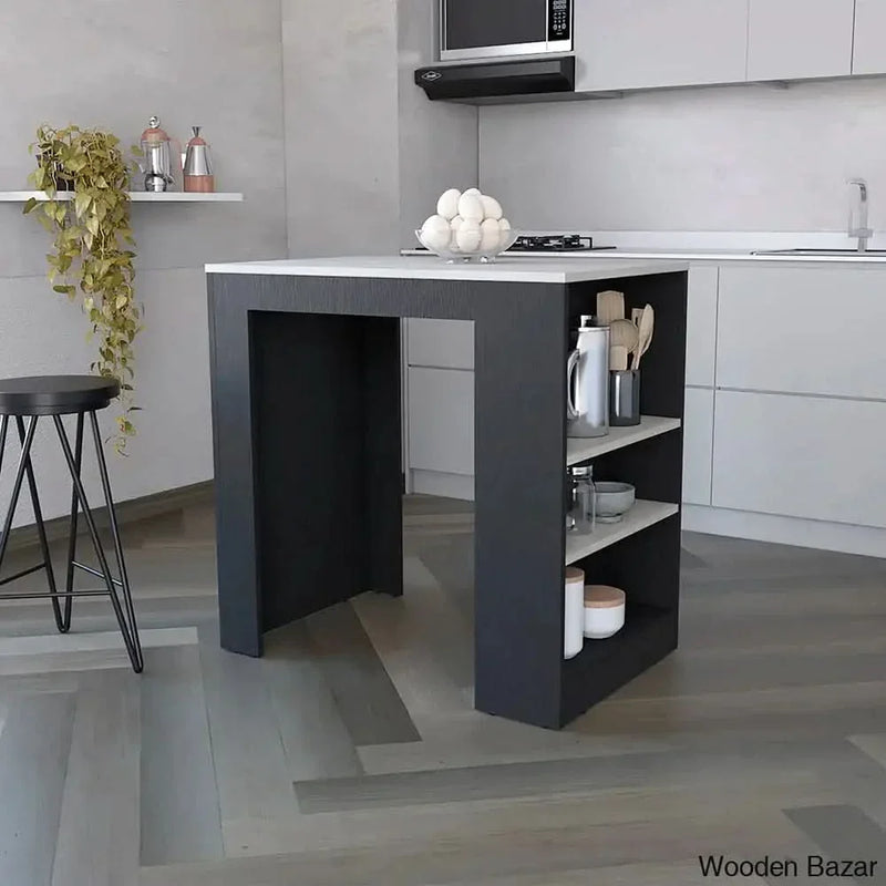Malahki Kitchen Island Doyle, 3 Shelves, Width x 36.2, black/Ibiza Marble Color Finish Kitchen trolley cart cabinet kitchen island with storage