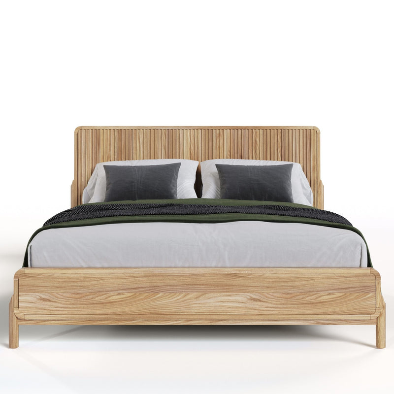 Wooden Empiro "Modern Scandinavian Solid Wood Platform Bed with Slatted Headboard and Neutral Design"