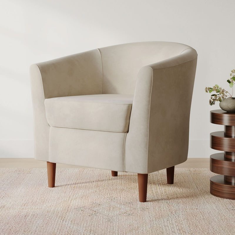 Naizun Barrel Accent Chair in Soft Taupe Upholstery with Tapered Wooden Legs - Wooden Empiro