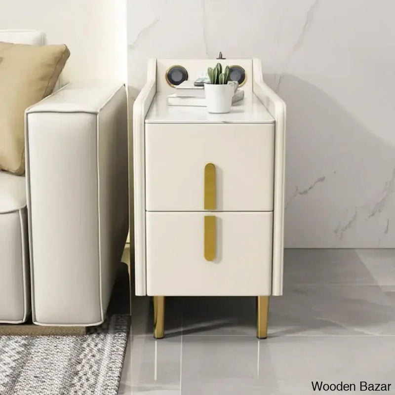 Modern Multifunctional Narrow Side Table Sintered Stone Top End Table Speaker  - Wooden Empiro