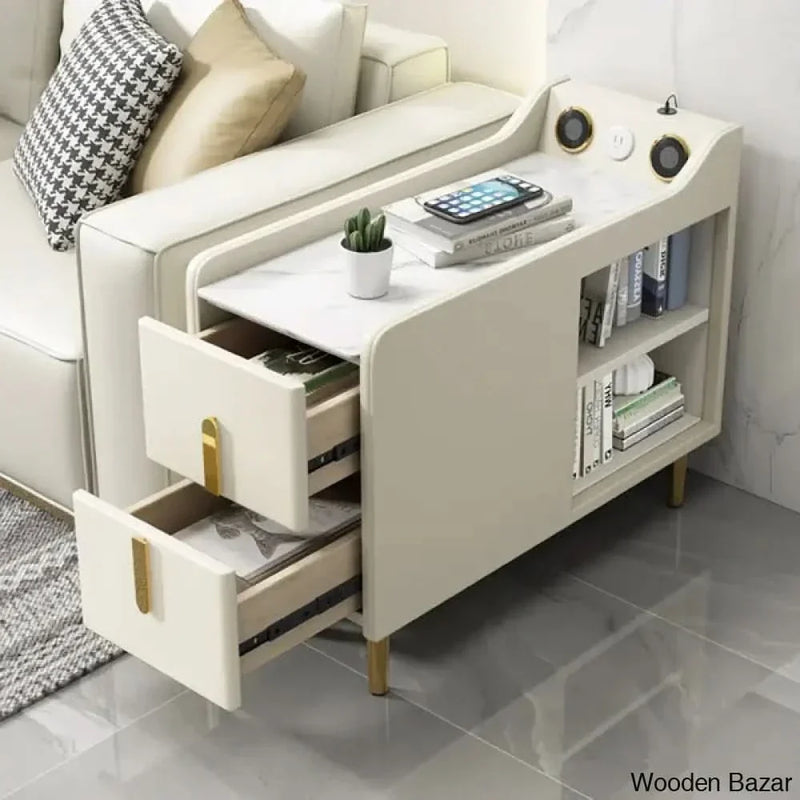 Modern Multifunctional Narrow Side Table Sintered Stone Top End Table Speaker  - Wooden Empiro