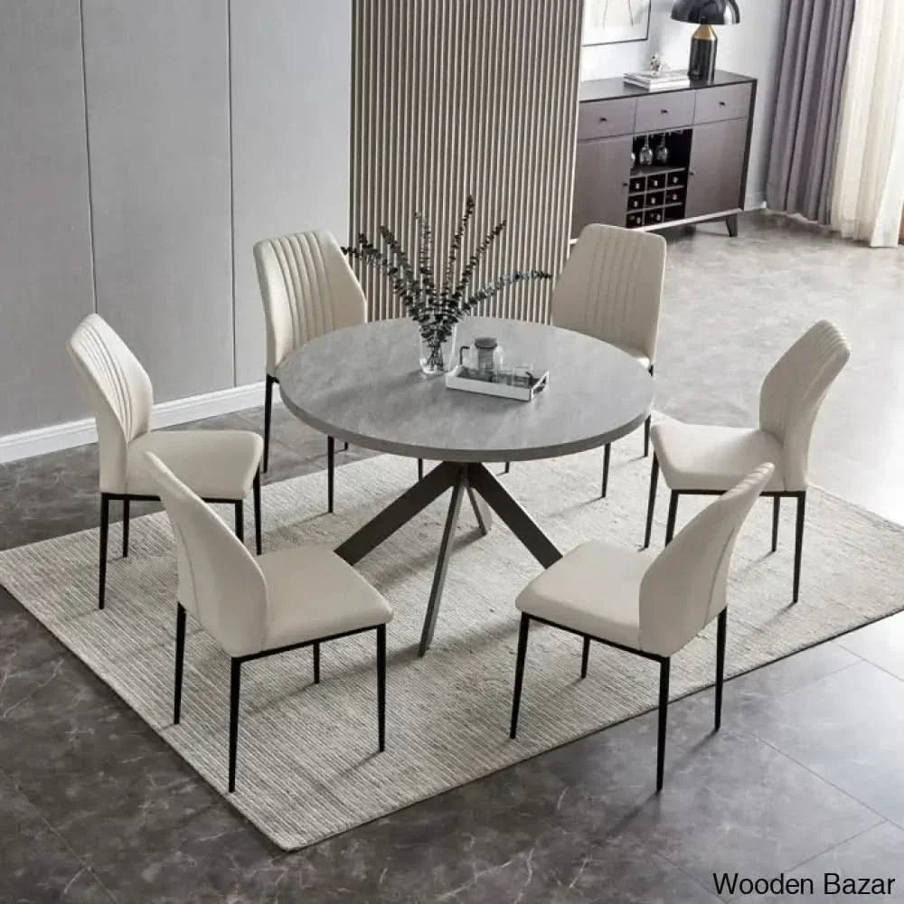 Modern Round Dining Table Set | Space-Saving Leisure Coffee With 6 Chairs Beige