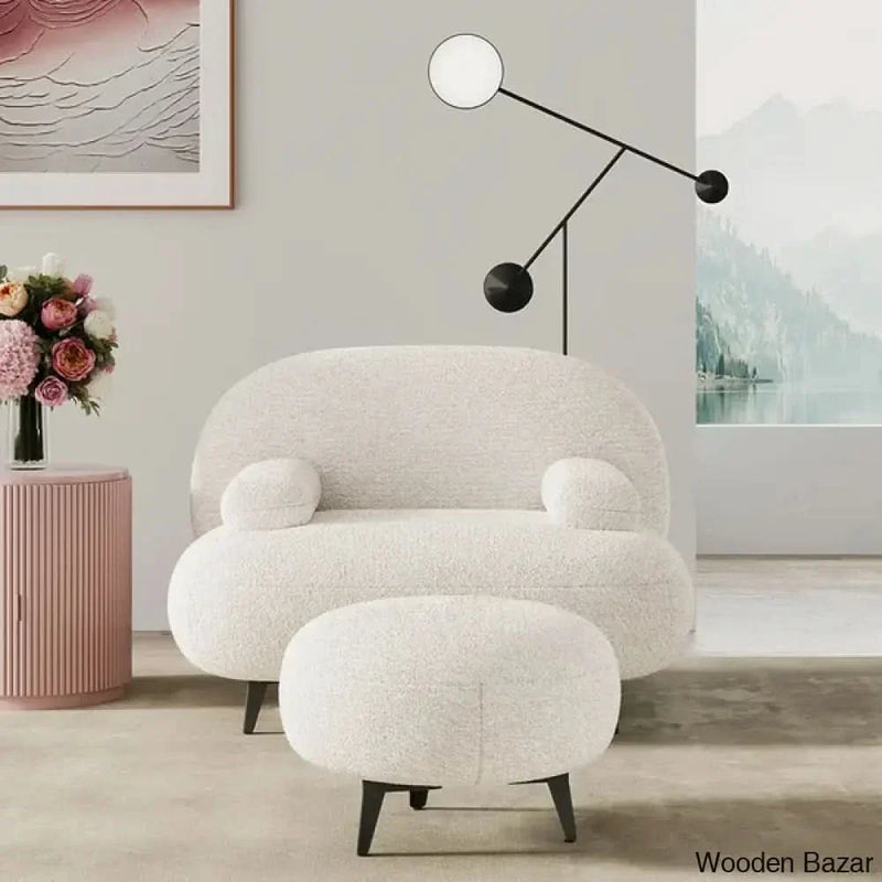 Modern White Cream Boucle Accent Chair with Pouf Ottoman Set Lounge Chair with Footstool - Wooden Empiro