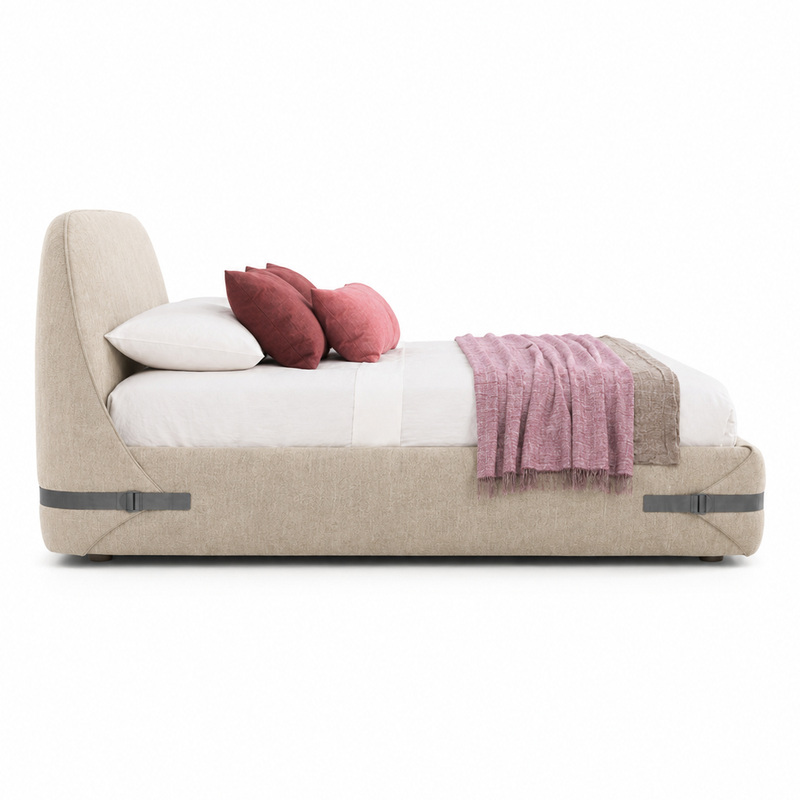 The Norvella Bed — Luxury Curved Upholstered Bed with Signature Strap Detailing