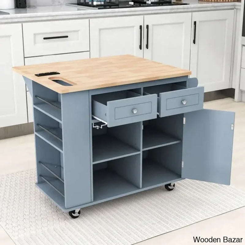 Raegina Kitchen Storage Island with Drop Leaf, 5 Wheels and Wine Rack Kitchen trolley cart cabinet kitchen island with storage