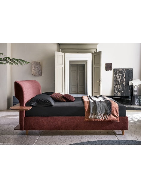 The Veloura Bed — Luxury Curved Upholstered Bed with Integrated Wooden Shelving