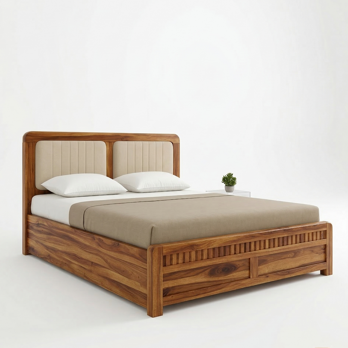 Wooden bed with beige bedding and white pillows on a white background