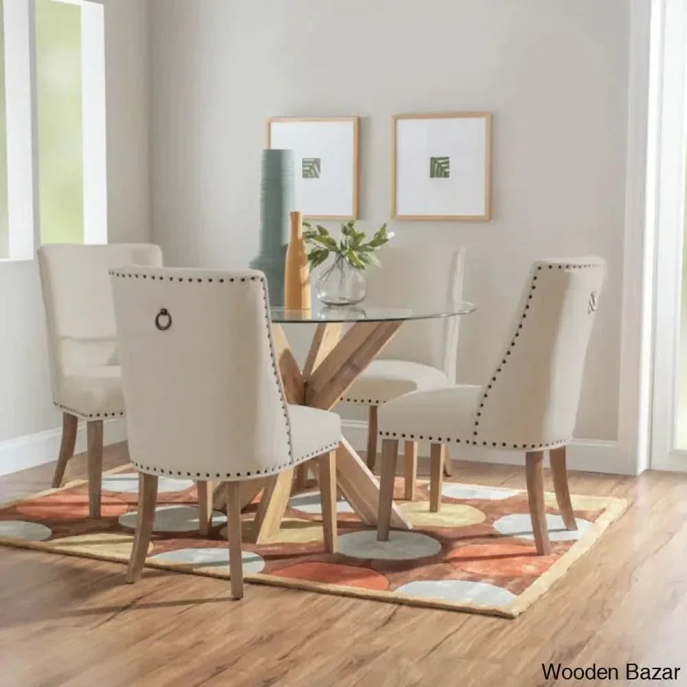 Smiley Best 4 Seater Round Glass Top Dining Set Tan