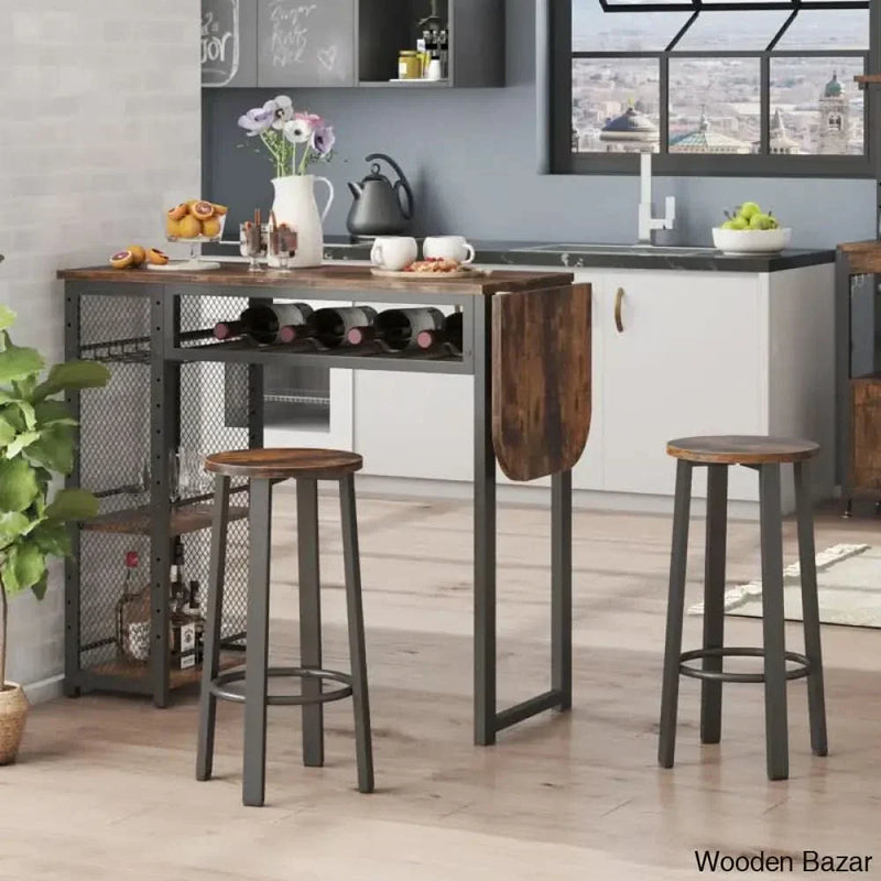 Verret Liquor Bar Pub Table Adjustable Shelves & Cup Holder Wine Rack in Set Kitchen trolley cart cabinet kitchen island with storage