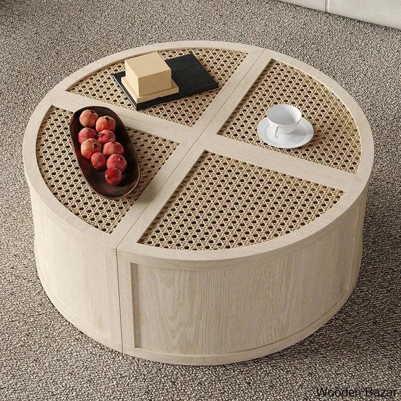 Versatile 4-Piece Modular Coffee Table in White Oak and Rattan with Storage