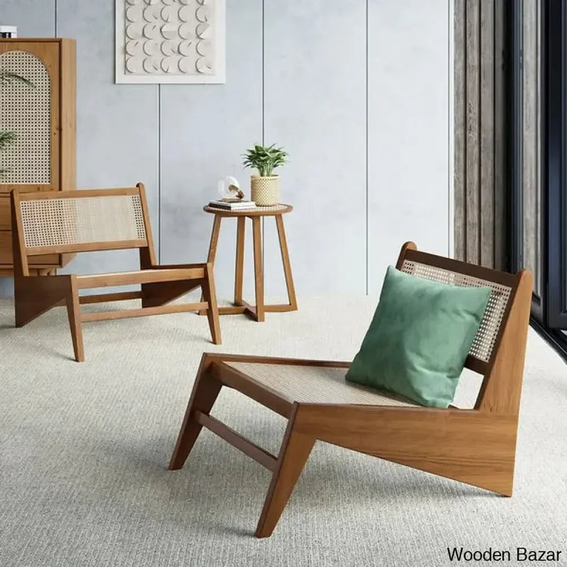 Walnut Rattan and Wood Lounge Chair Accent Chair for Living Room - Wooden Empiro