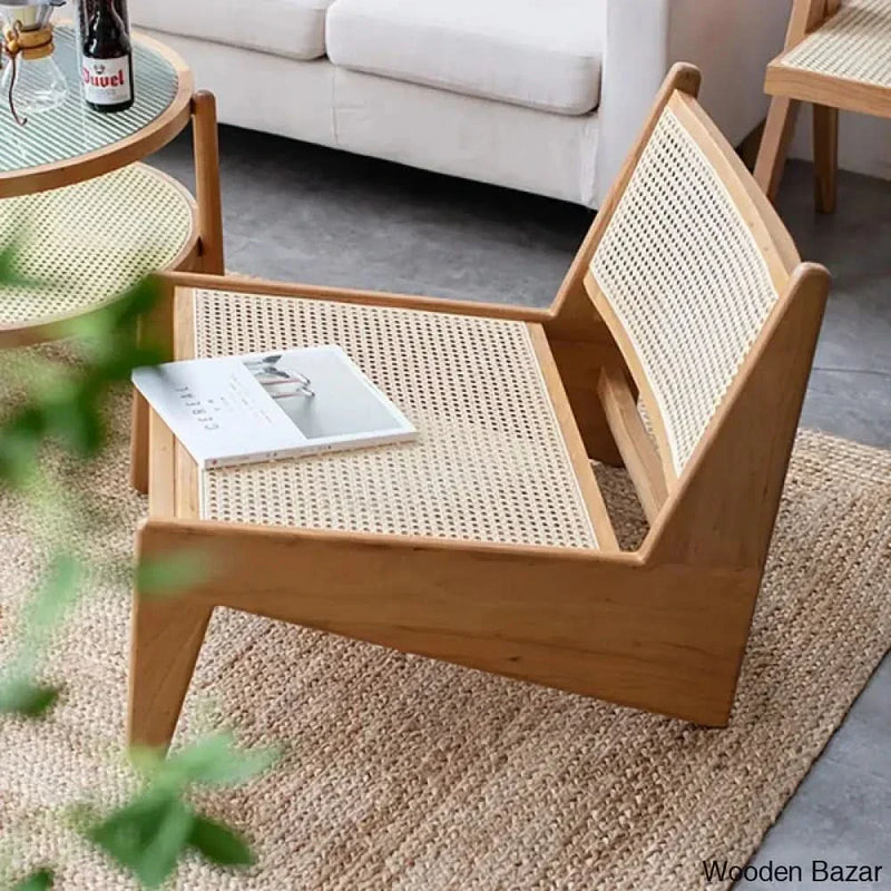 Walnut Rattan and Wood Lounge Chair Accent Chair for Living Room - Wooden Empiro