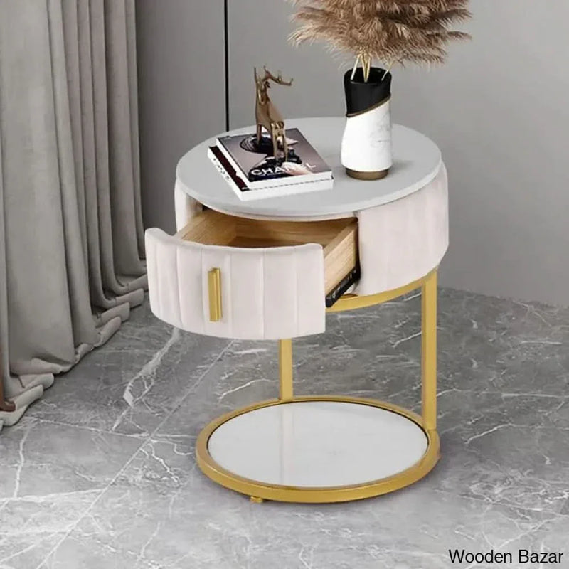 White Round Faux Marble Side Table with Storage Velvet Gold Finish - Wooden Empiro